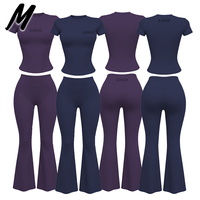 Ensemble de sport quotidien deux pièces pour femme Milady : haut à manches courtes en nylon doux avec logo personnalisable et pantalon évasé taille haute court