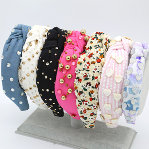 Finestyle altın renk inci lüks tasarımcı kravat boya renkli pastel üst düğüm metalik kristal rhinestone spa bling çocuklar kafa bandı - Product Image 5