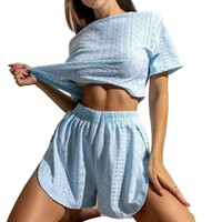 Ensemble de pyjama en polyester terylène rayé à œillets, haut court à manches courtes et col oversize, short à taille élastique, vêtements de détente pour femmes