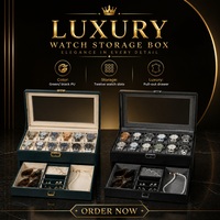 Boîte à montres et bijoux à deux niveaux en cuir grain litchi avec couvercle en verre, tiroir coulissant et doublure en peluche – Vente en gros OEM ODM