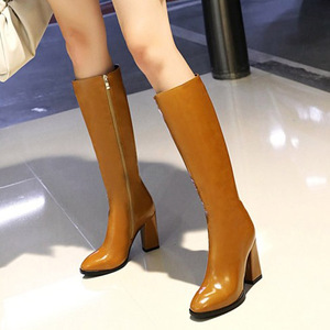 Botas Altas de Tacón Grueso y Punta Redonda para Mujer, Talla Grande 48, Diseño Conciso con Espejo, Cremallera Lateral y Parte Superior Reflectante - Product Image 1