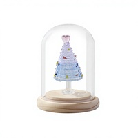 Arbre de Noël en verre en forme de cœur style Murano dans une cloche en verre, figurine décorative artisanale bleue et violette pour Noël