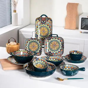 Microwave oven safety machine printing Morocco Bohemia style luxury ceramic dinner plates sets dinnerware for gift