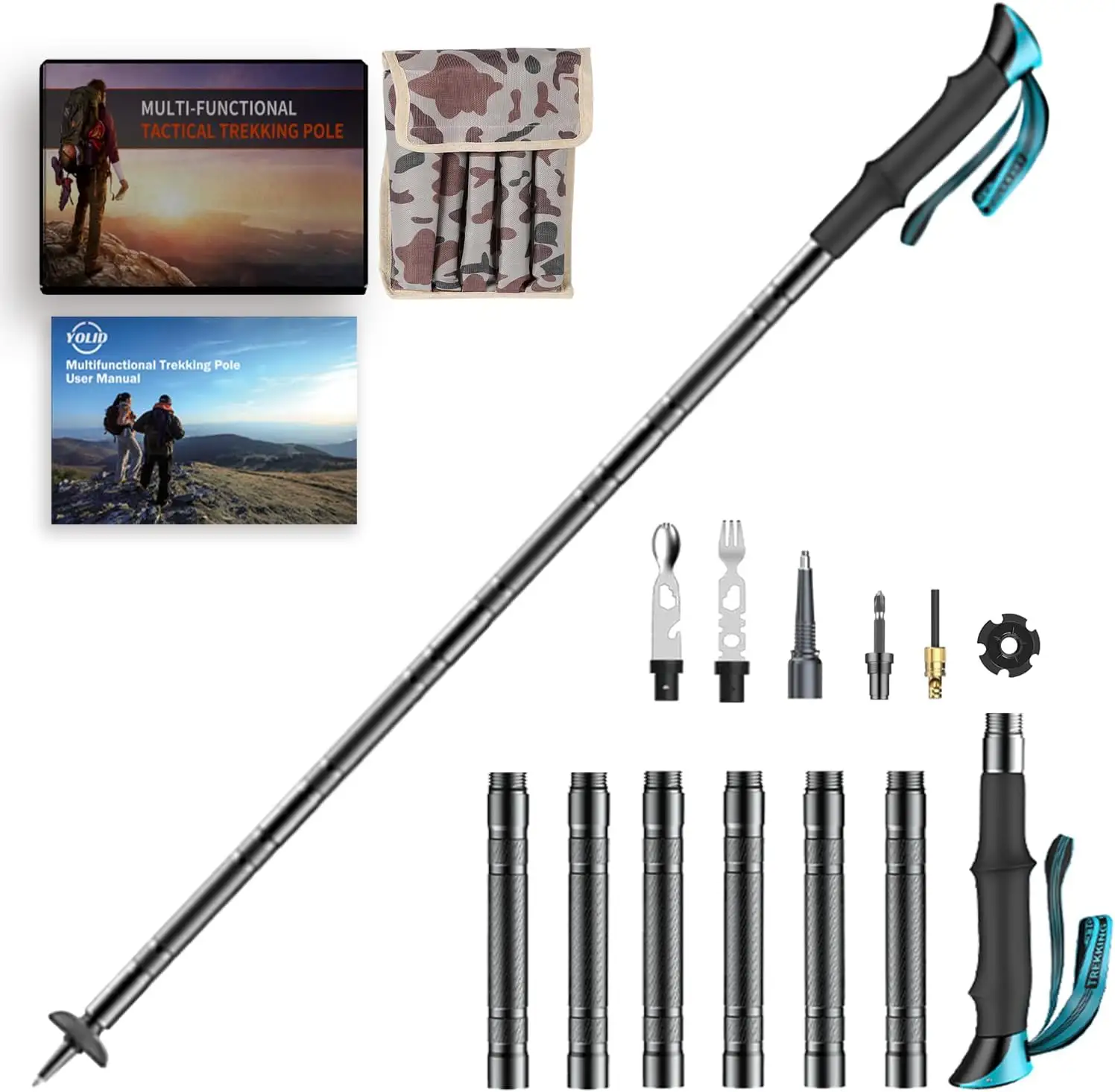 Multifunctional Collapsible Trekking Pole Cane Adjustable Telescopic Portable Hiking Walking Stick Ultralight