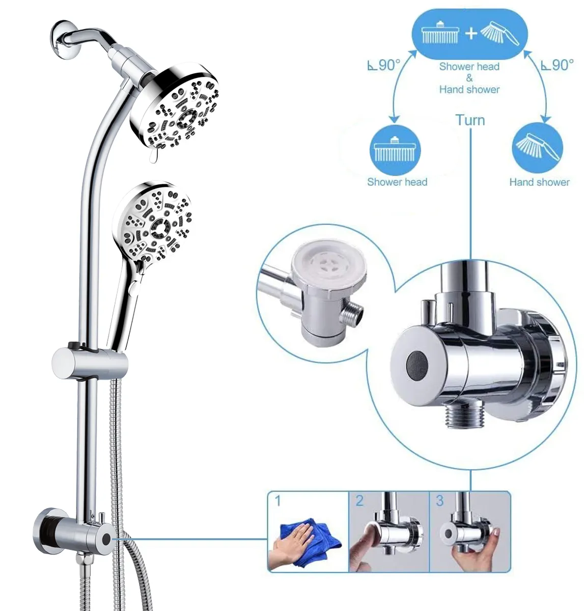 Dual Shower Head 3 way Spa System Chrome In Wall No-drill Shower Sliding Rail Set with Slide Bar