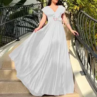 Robe longue élégante pour femme grande taille, col en V, couleur unie, coupe moderne, en polyester, bordeaux, blanc, jaune, pour le bureau et les fêtes, vente en gros