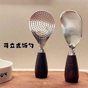 Cuillère à riz en acier inoxydable avec manche en bois, antiadhésive, pour cuiseur à riz, usage domestique, 2 pièces, couleur unie - Product Image 2