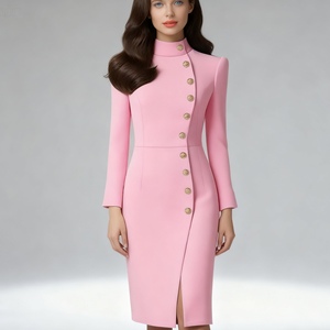 เดรสแฟชั่นฤดูใบไม้ร่วงแขนยาวคอตั้งทรงสลิมฟิตกระดุมโลหะแฟชั่น - Product Image 5