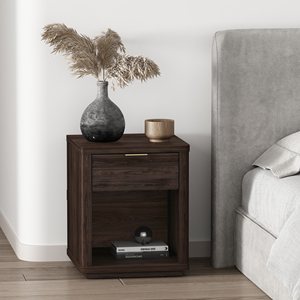 Nightstand In Brown Wood With Drawer And <b>Open</b> Shelf Storage Unit - Product Image 2
