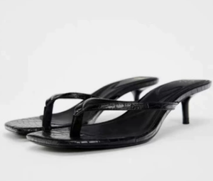 Sandales à talons carrés pour femmes, style français, noires, à lanières, ouvertes, sans talon, mode été - Product Image 4