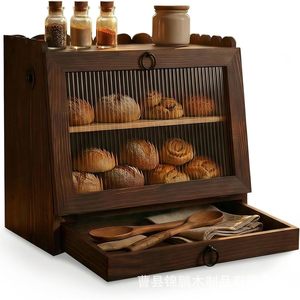 Solid Wood Double Layer Bread Storage Box Ventilated Drawer Type <b>Kitchen</b> Cabinet Dark Brown Rectangle - Product Image 4