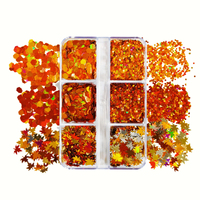Boîte de 6 compartiments de paillettes pour ongles en forme de feuille d'érable d'automne, sequins hexagonaux holographiques orange-brun, décorations saisonnières pour nail art