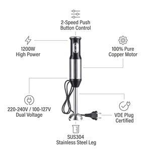 Mixeur Plongeant Portable 1200W avec Moteur en Cuivre Pur, 2 Vitesses, en Acier Inoxydable SUS304, pour Hôtels et Usage Domestique, Vente en Gros, OEM - Product Image 2