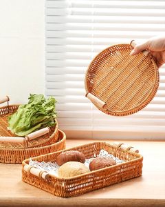 Tre mây giỏ khay thiết lập, hình chữ nhật và tròn giỏ với bằng gỗ hnadles, 2 miếng tự nhiên hoàn hảo cho phục vụ trái cây khay - Product Image 3