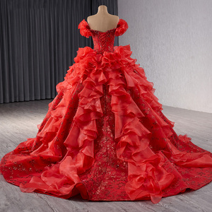 Magnifique Robe de Soirée Rouge en Tulle avec Appliques, Volants, Dos Nu et Perles, Traîne Maxi Rsm241070 - Product Image 4