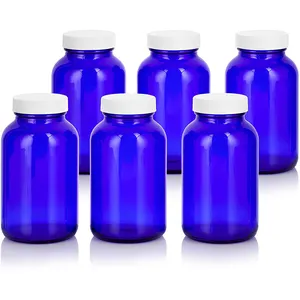 Botella de vidrio de 8 oz con tapa acanalada blanca, de cobalto azul, 60ml, 120ml, 250ml, 500ml, botella de boca ancha, cápsula para pastilla, tableta