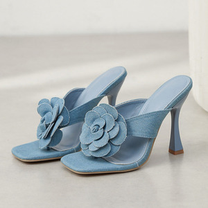 Front Flower Women's Sexy Dress <b>Clip</b> Toe Shoes High Heels Denim Pumps Fashion Sandals on Summer Causal Mules - Product Image 5