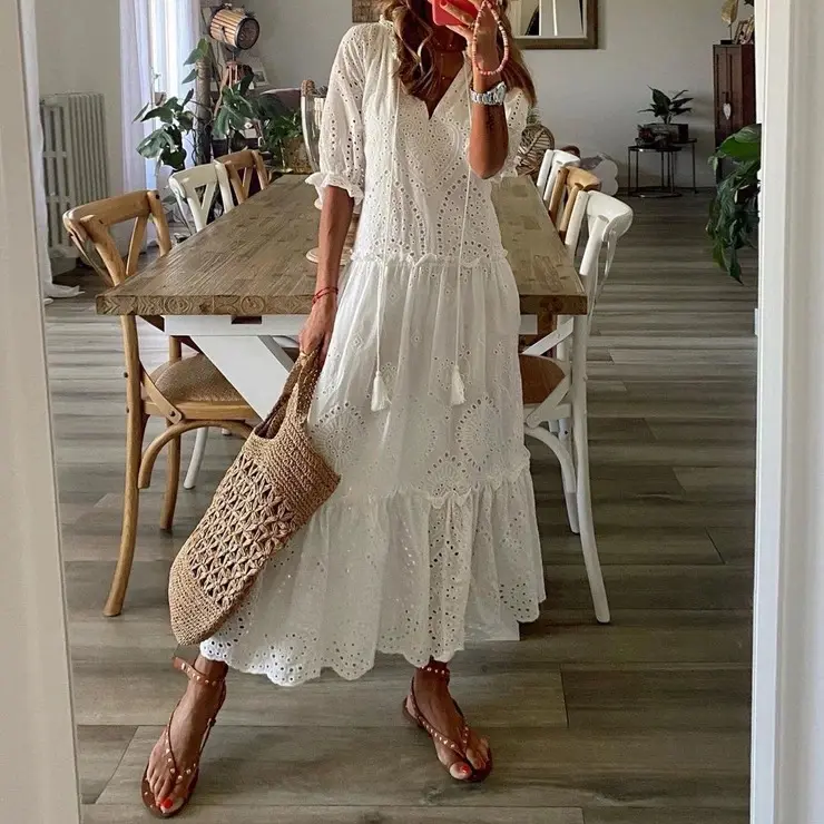 ZC00621 2021 Elegant sexy V neck hole embroidery short sleeve dress loose women Summer daily wear white Casual Cotton dresses