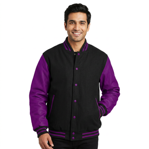 Custom American Letterman Jacket Black Wool Body Purple <b>Leather</b> Sleeves CollegeBaseballjacket for men - Product Image 1