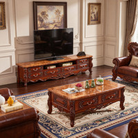 Ensemble meuble TV et table basse classique en bois massif de style européen avec plateau en marbre naturel, meuble de rangement pour salon, mobilier de maison en gros