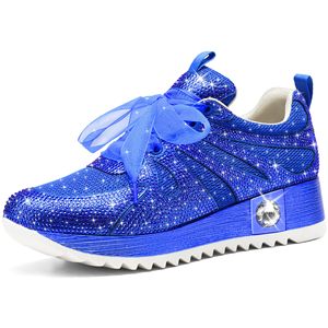 Blue Rhinestone Platform <b>Sneakers</b> Casual Walking Shoes Lace Up Round Toe Anti-Slip All Season Women Shoes - Product Image 1