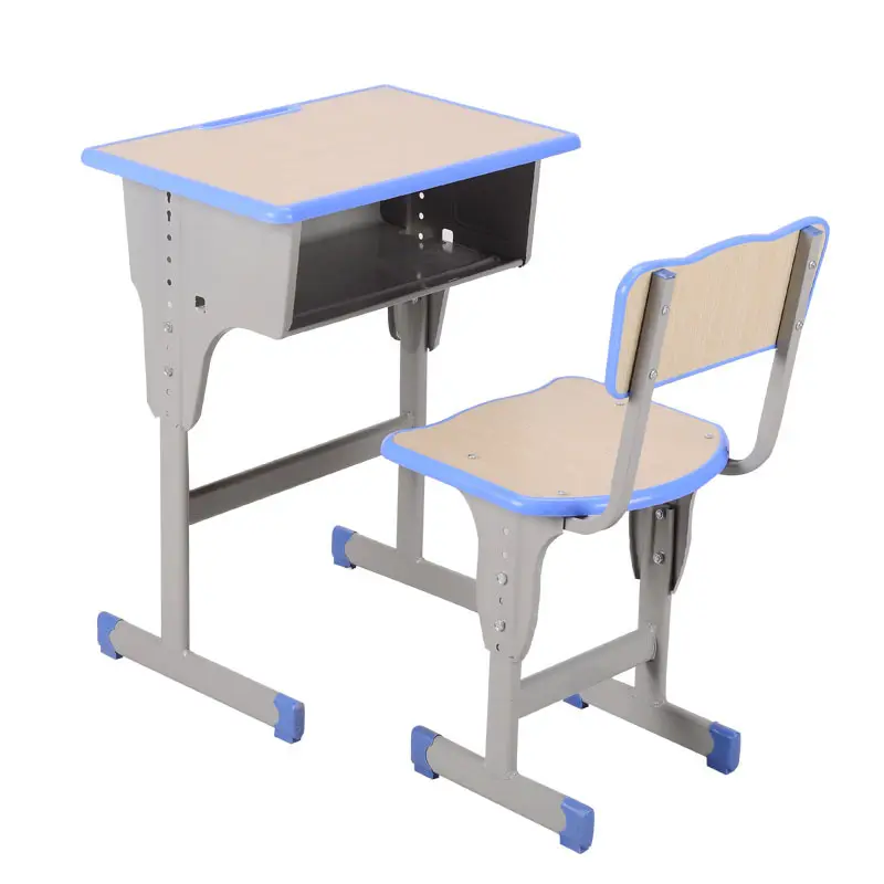 Hout Metaal School Bureaustoel Set Single Seater Verstelbare Hoogte Student Bureau Met Lade En Stoel Set