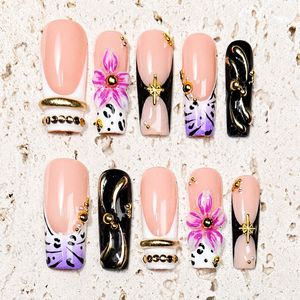TSZS 10 <span class=keywords><strong>Uñas</strong></span> Postizas Francesas Blancas Hechas a Mano de Alta Calidad, <span class=keywords><strong>Uñas</strong></span> Artificiales Largas y Cuadradas con <span class=keywords><strong>Flores</strong></span> de Diamantes de Imitación <span class=keywords><strong>en</strong></span> 3D - Product Image 3