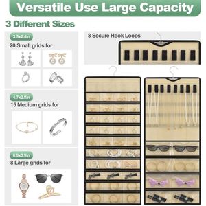 Sac de rangement rotatif pour bijoux, organisateur anti-poussière double face en non-tissé avec poches zippées pour boucles d'oreilles et colliers - Product Image 6