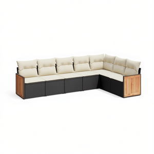 Ensemble de canapé de jardin en rotin noir 7 places avec panneaux en teck, mobilier d'extérieur au design contemporain, résistant aux intempéries - Product Image 1