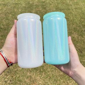 Vaso de Cerveza de Vidrio Borosilicato con Brillo Arcoíris de 16 oz, Vaso Sublimable con Tapas Brillantes de Colores - Product Image 4