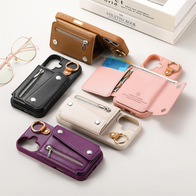 New Fashion Leather Zipper Design Card Slots Wallet Phone Case for iPhone 17 Air 16 15 14 Pro Max Flip Holder Stand Rear Cover