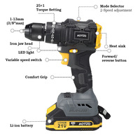 Perceuse électrique sans balais, perceuse à percussion, batterie au lithium rechargeable 18-21V, deux vitesses réglables, réversible, multifonction