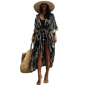 Aantrekkelijke Tie Dye Rayon Wrap Lange Kimono Boho Lady Strand Zomer Vakantie Cover Up Sexy Resort Wear Vrouwen Kleding