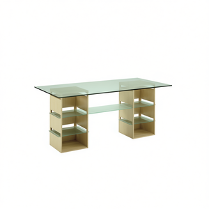 Mesa de Comedor Moderna con Tapa de Vidrio, Base de Madera y Estantes, Diseño Rectangular de 12 mm de Grosor - Product Image 2