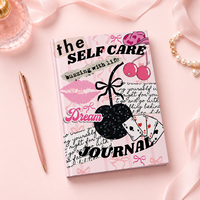 Carnet de journalisation personnalisé pour le bien-être, couverture rigide rose style Y2K avec motifs collage cerise et nœud papillon, cadeau tendance, commande en gros OEM ODM
