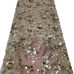 Tissu en dentelle de tulle épais et fin nigérian, brodé de fleurs brillantes dorées, de paillettes et de perles, écologique, pour robes de mariée, chaussures et sacs - Product Image 1