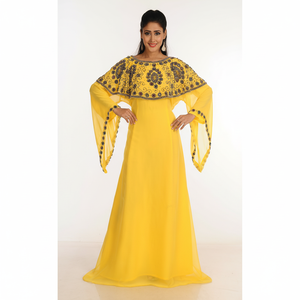 Amarillo Georgette Kaftan Arabian Maxi Partywear Embellecido con Zari Work Stones & Beads Estilo islámico Transpirable ODM Supply - Product Image 1