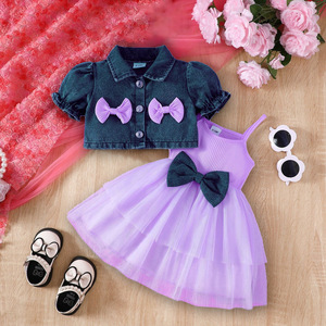Venta al por mayor de fábrica: Conjunto de dos piezas de algodón para bebé y niña, estilo <span class=keywords><strong>vaquero</strong></span> europeo y americano, con abrigo de manga corta y falda de malla con tirantes. - Product Image 4