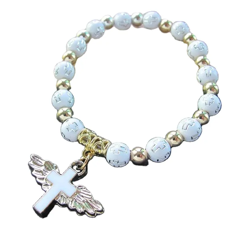 Nouvelle Mode Émail Baptême Perles Bracelet Faveur Souvenir Cadeau pour Filles Garçons avec Crucifix Croix Pendentif Catholique Cadeau