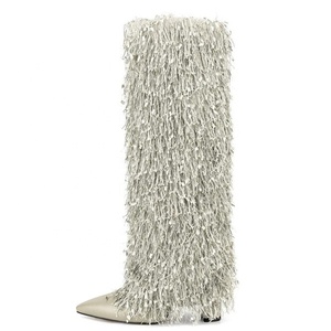 Big Size 45 Women's Winter Tassel Knee High Boots Suede Fringes Upper Chunky Heel Shoes Wide Fit <b>Long</b> Booties Custom - Product Image 5