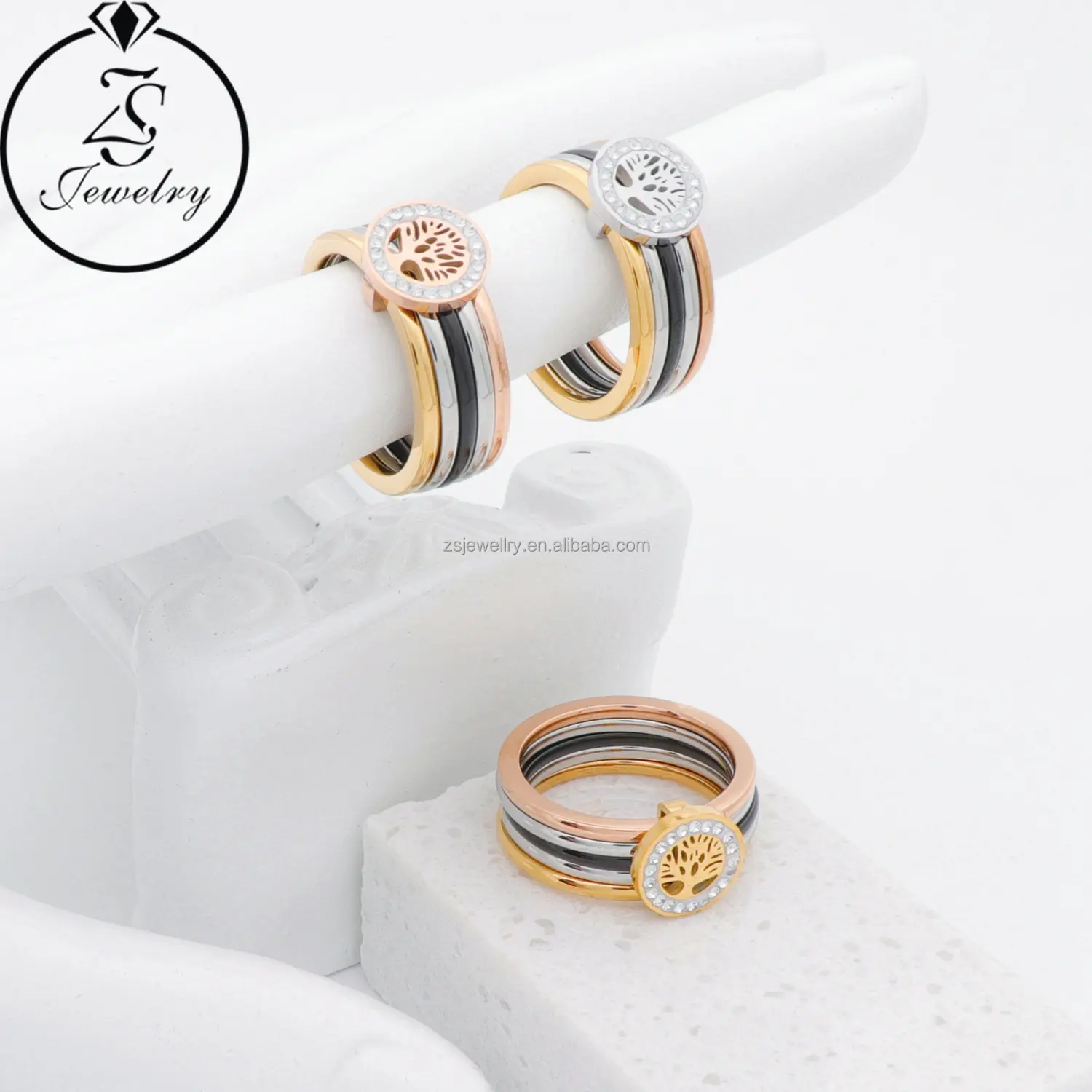 Perhiasan baja tahan karat perak berlapis emas plastik harga pabrik batu geometris grosir cincin desain pertunangan tiga warna