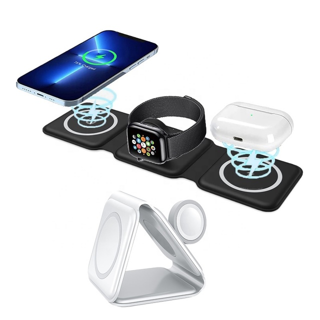 Custom Logo Portable Magnetic Foldable Phone Charging Pad Station qi 15W Fast 3 in 1 Wireless Charger for Android Phones iphone