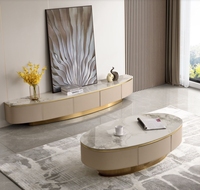 Table basse Hanyee de luxe avec cadre en acier inoxydable, tiroir en cuir Barenia, plateau en marbre, ensemble table basse et meuble TV pour salon