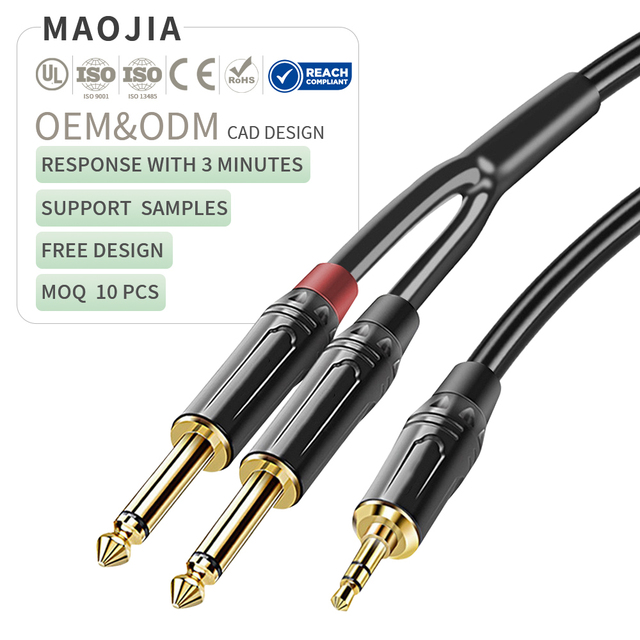 3.5mm TRS Stereo to Dual 6.35mm TS Mono Audio Y Splitter Cable Oxygen Free Copper Gold Plated Connectors Metal Shell