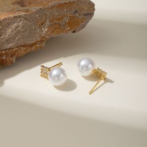 French Style Pearl Stud <b>Earrings</b> Round Flower Design 14k Gold <b>Post</b> Gift Jewelry EDB-070 - Product Image 3
