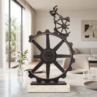 Nouvelle Sculpture Abstraite Moderne de Luxe en Métal et Marbre, Statue d'Homme Engrenage, Motif Éolienne Noir/Argent Foncé, Décoration Maison/Bureau