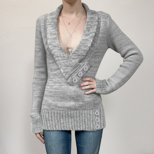 Suéter de Punto para Mujer, Estilo Vintage, Cuello Chal, Escote Profundo en V, Ajustado, Largo Medio - Product Image 2