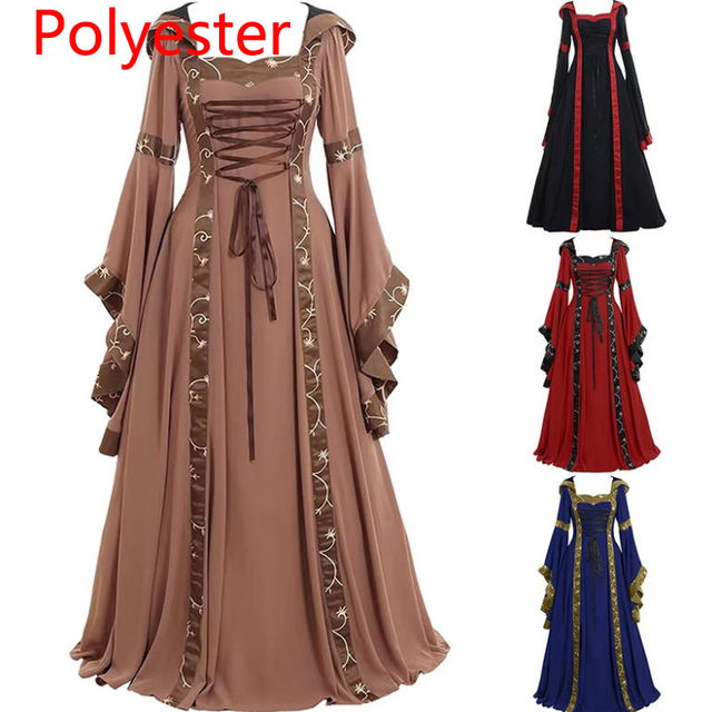 Europe United States Men's Echo Medieval Retro Hooded Square Collar Solid Color Thin Lace Horn Sleeve Big Pendulum Polyester