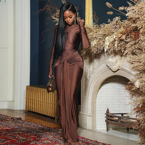 <span class=keywords><strong>Robe</strong></span> longue unie à col montant et manches longues respirante avec ceinture à nouer à la taille pour femmes - Product Image 1