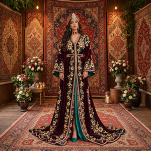Vestido Caftán Marroquí de Terciopelo Color Ciruela Mishkat Couture, Bordado a Mano, Largo MAXI, Mangas Largas, para Mujeres Musulmanas Europeas, Lujoso - Product Image 1